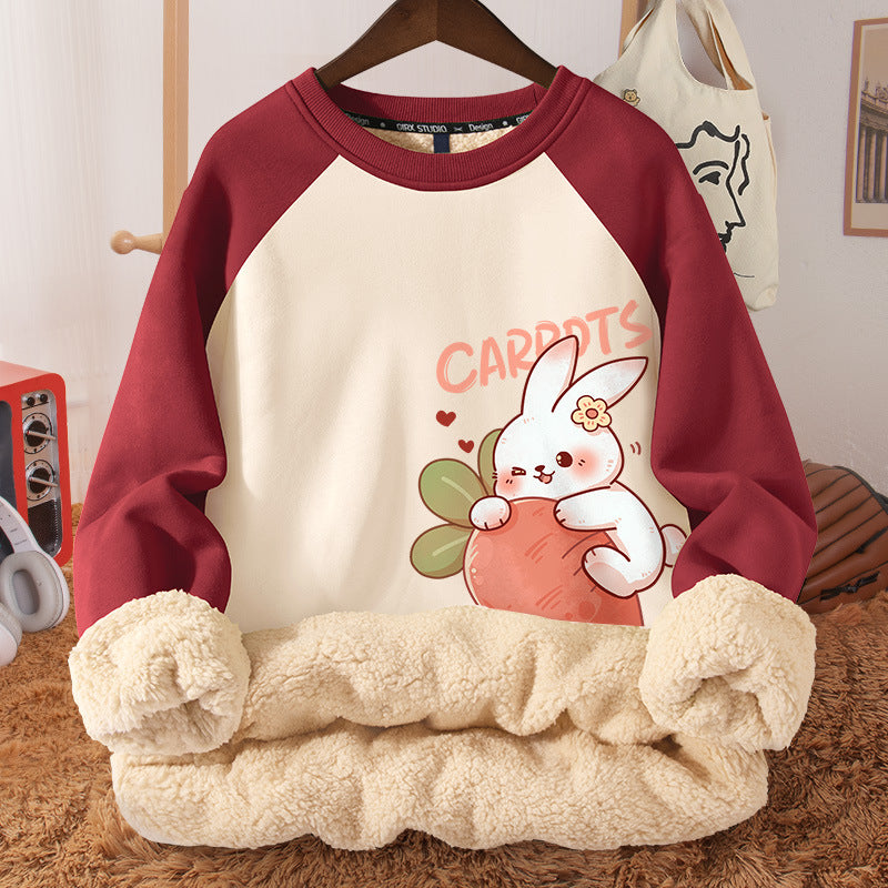 Women's Autumn And Winter Fleece-lined Thickened Hooded Berber Fleece Coat Contrast Color Raglan