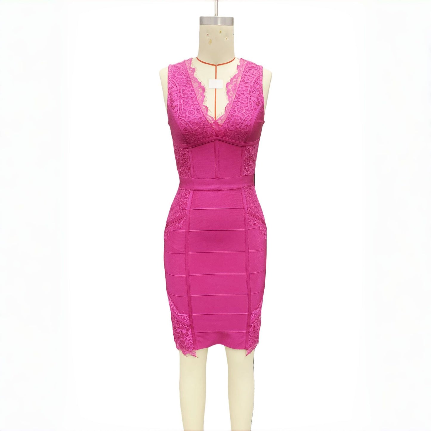 Deep-V Lace-Trimmed Solid-Color Patchwork Sexy Bandage Dress