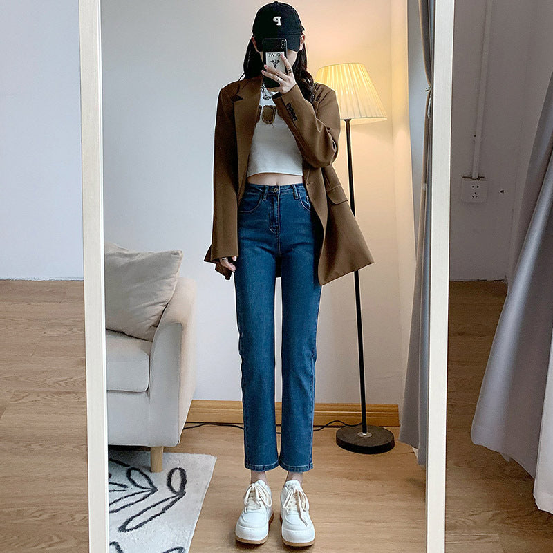 Retro blå jeans til kvinder, løse rørformede højtaljede
