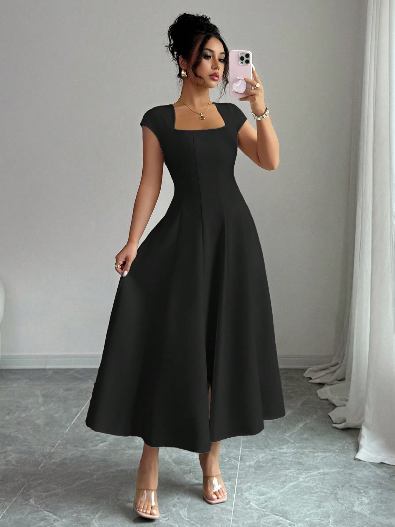 Square-neck Waist-cinched, Flared A-line Midi Dress With Short Sleeves