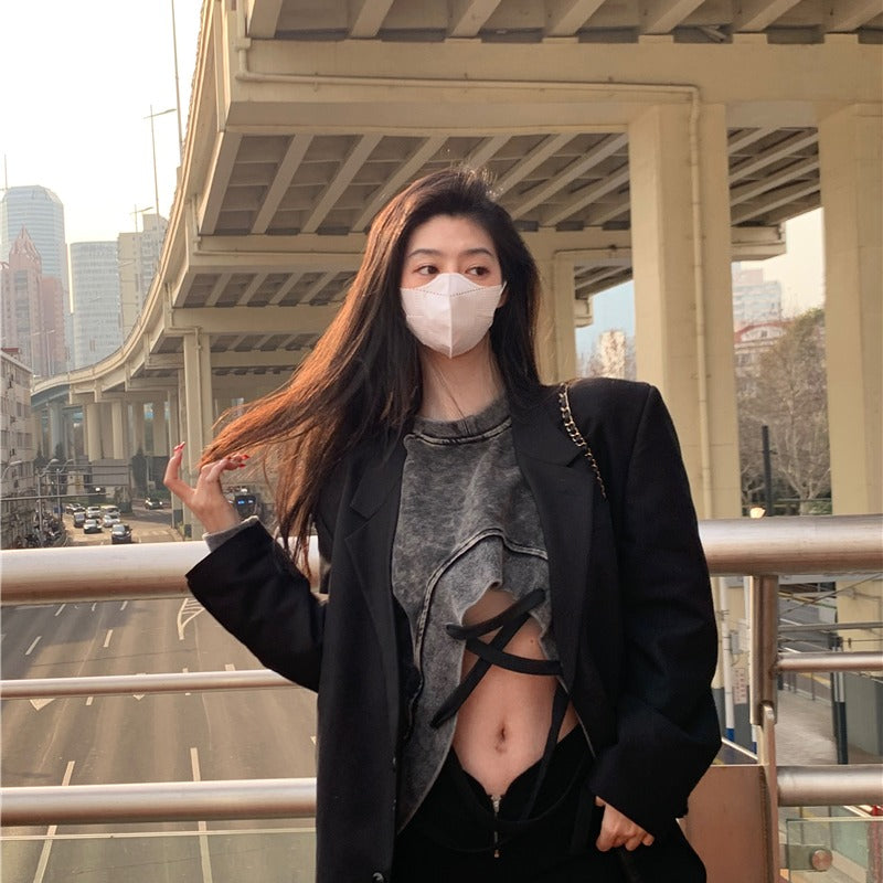 Women's Sloping Shoulder American Style Hollow Strap Loose Pullover