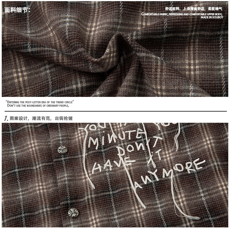 Mens Autumn Long-Sleeve American-Style Retro High-Street Tie-Dye Plaid Shirt