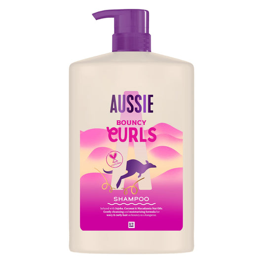 Aussie Bouncy Curls schampo 1 000 ml, skonsam rengöring och fukt för vågigt och lockigt hår, med jojoba, kokos och australiska macadamianötter, silikonfri, vegansk och djurförsöksfri