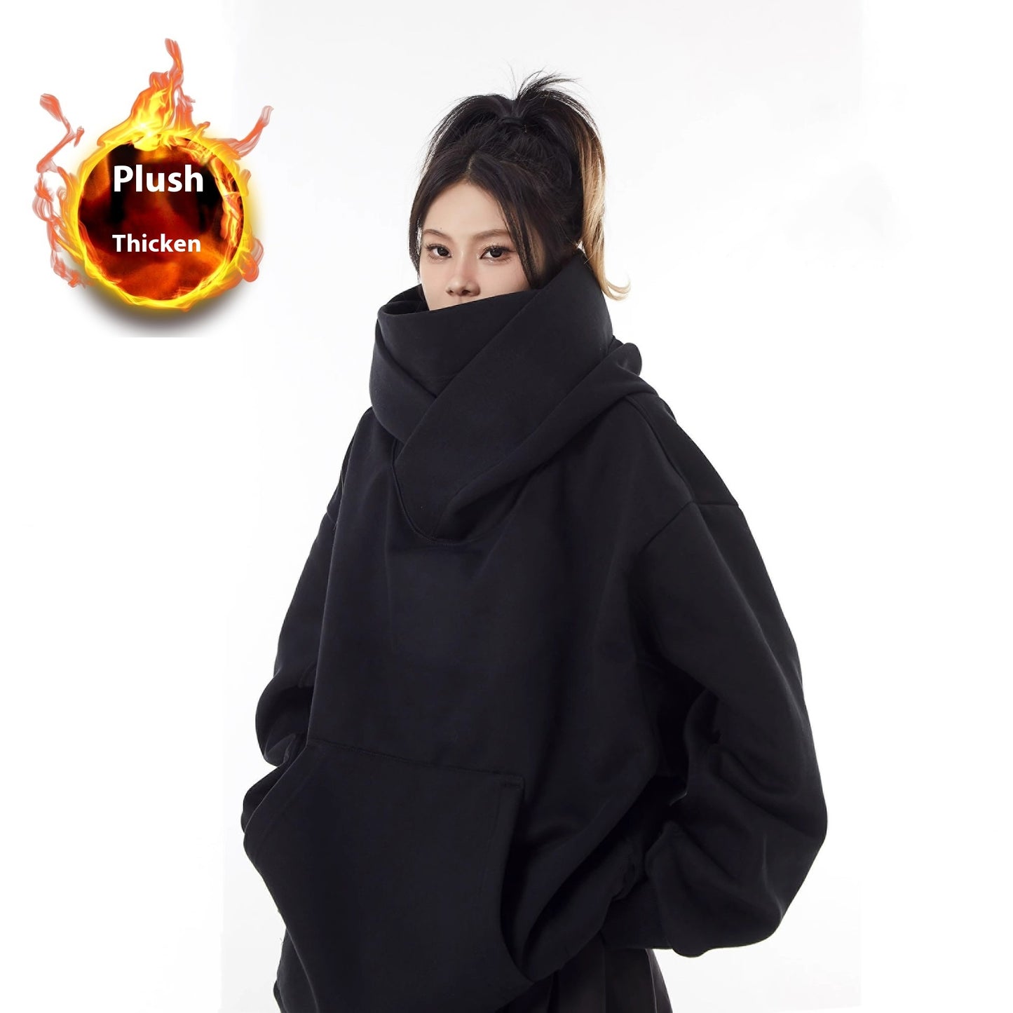 Loose High Collar Hooded Fleece Lined Sweater