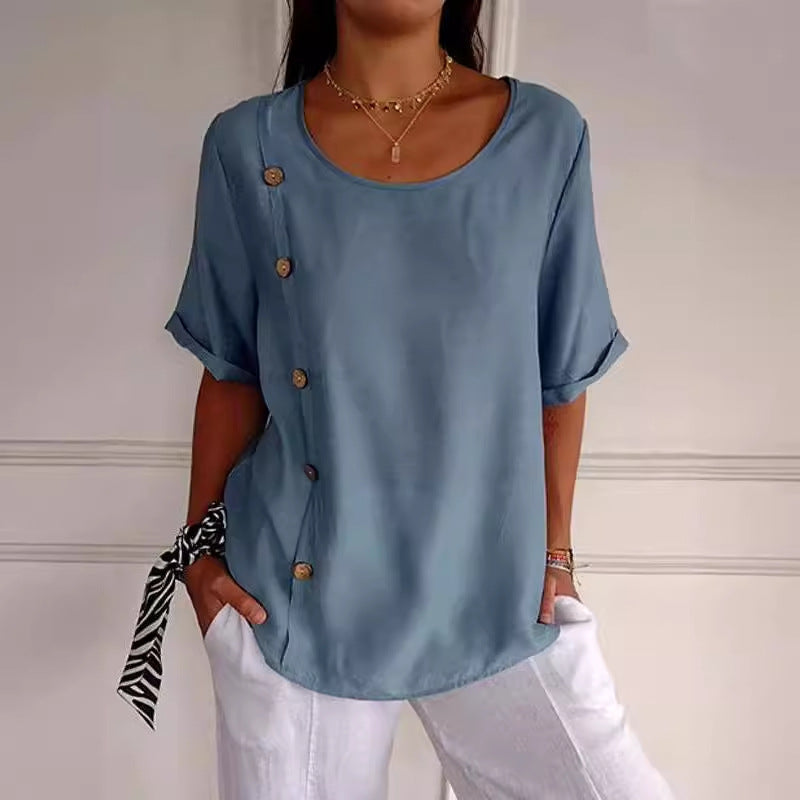 Casual Cotton And Linen Style Shirt Single Row Button Top Women's European And American