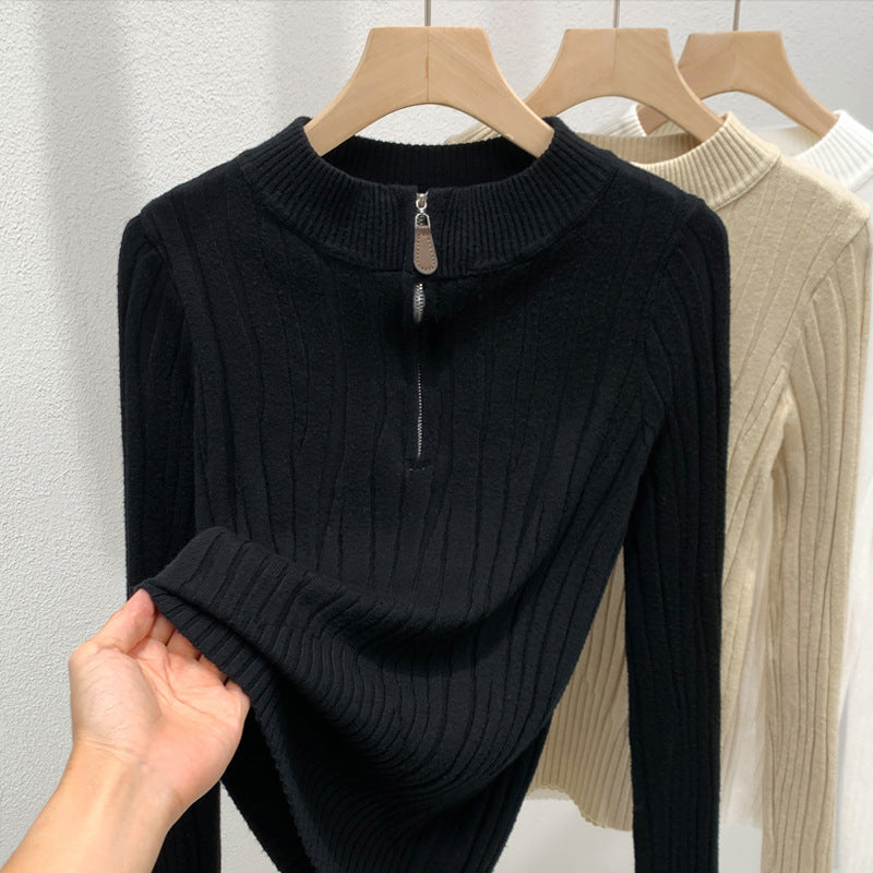 Retro Zipper Ribbed Knit Base Shirt With Semi-high Collar