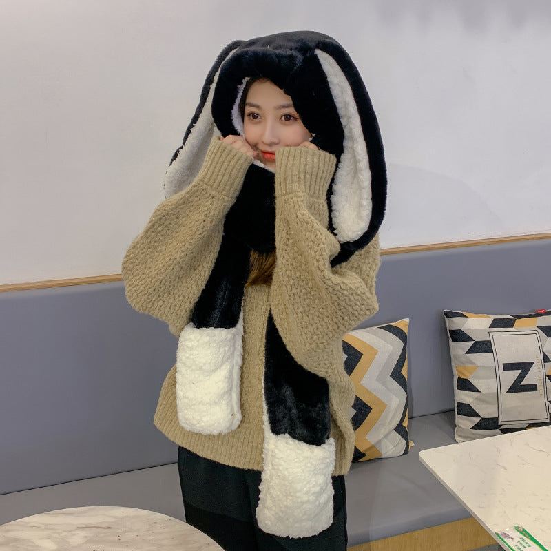 Women's Fashion Cute Rabbit Ears Plush Hat Scarf Gloves One Three Pieces Set