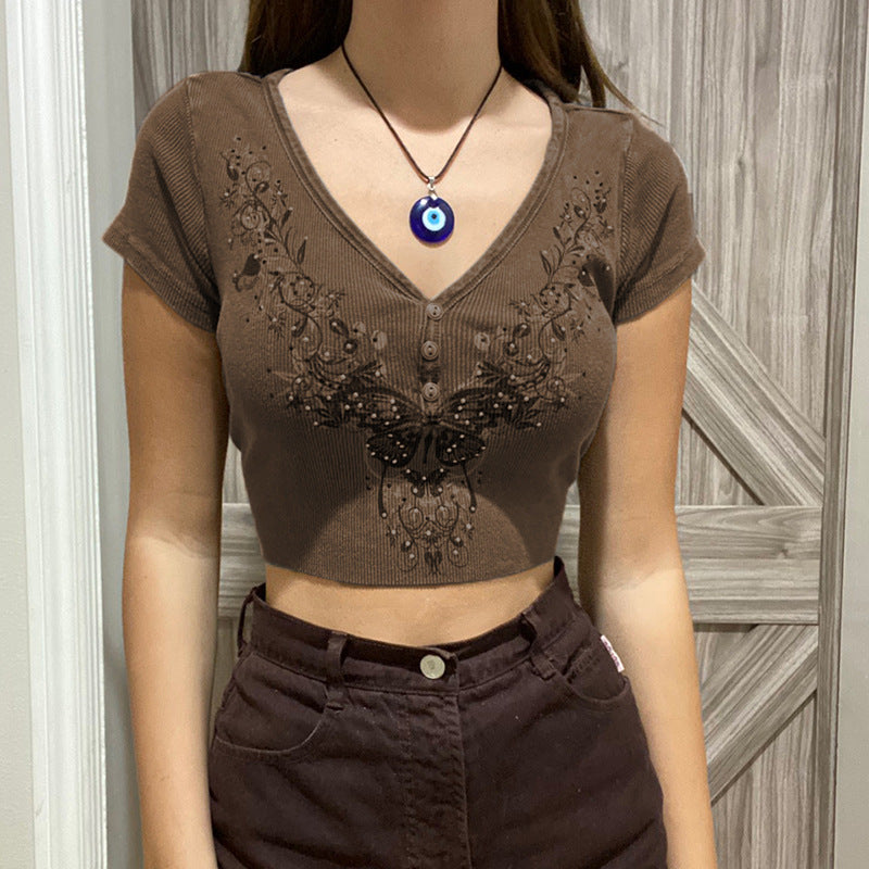 New Distressed Vintage Butterfly Print T-shirt V-neck Top