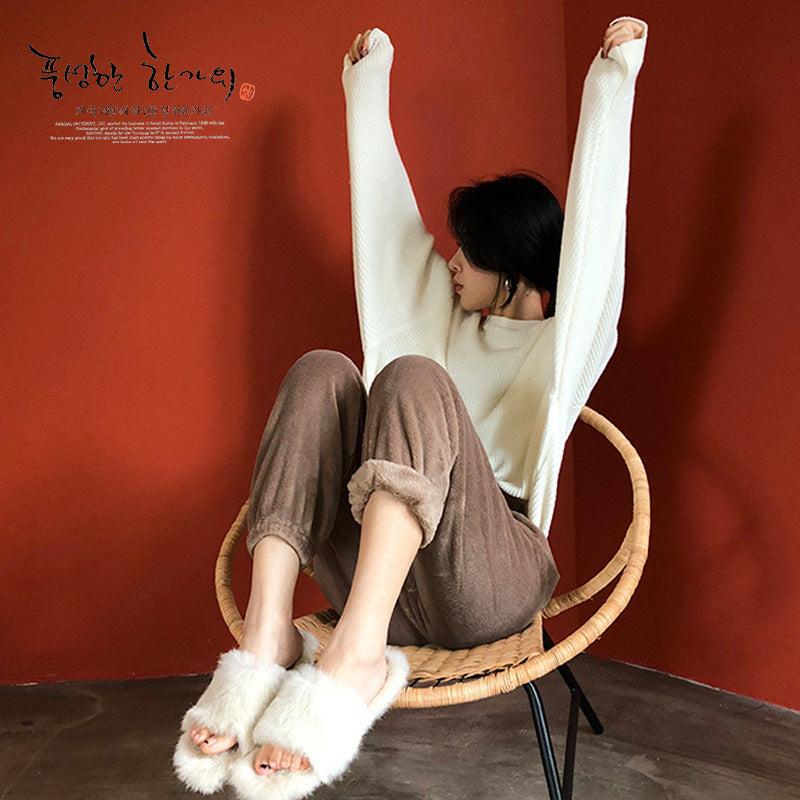 Loose-fitting Ankle-cinched Casual Pants With A Brushed Liningextra-thick And Cozy For Lounging At Home