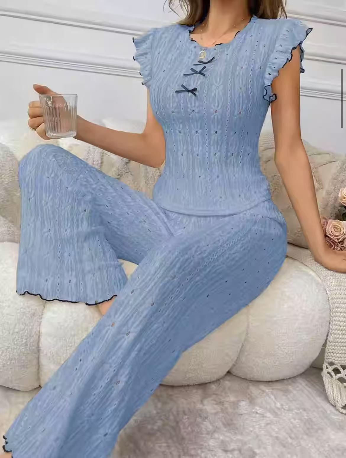 Womens Spring Summer Pajamas Luxe Lace-Trimmed Textured Floral Design Loungewear