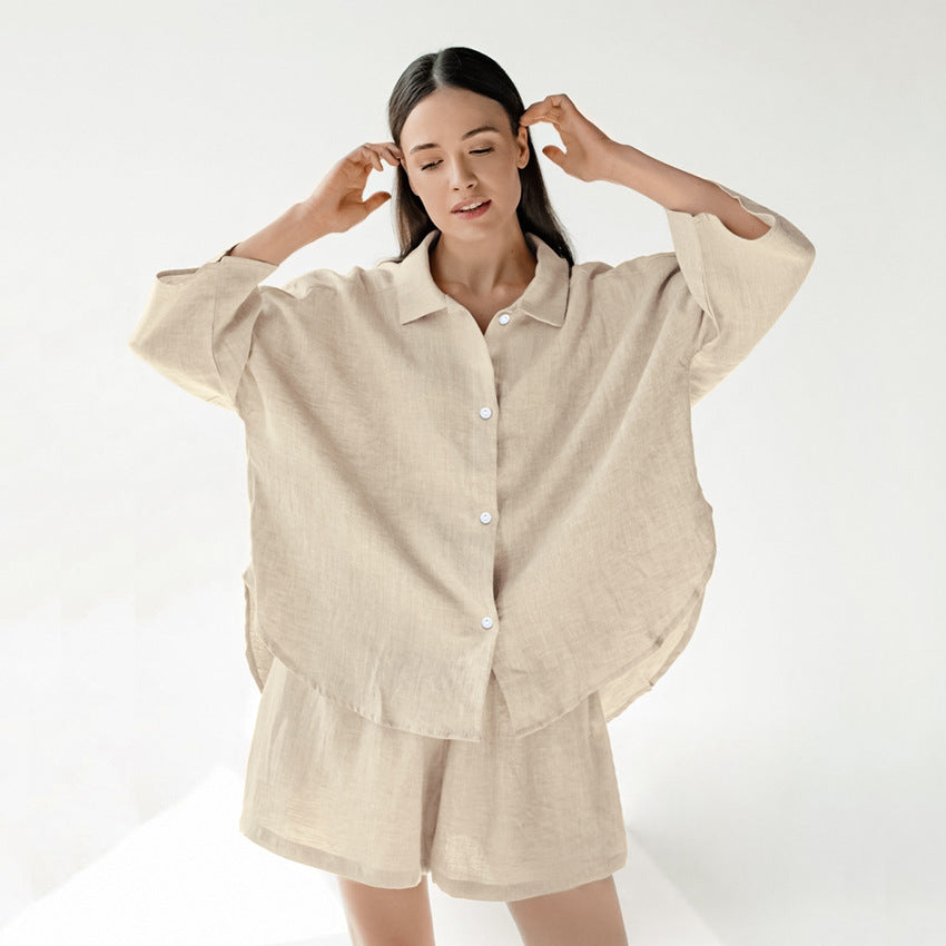 Cotton-Linen Pajama Set For Women Three-Quarter-Sleeve Top And Shorts Loose And Comfortable Two-Piece Set