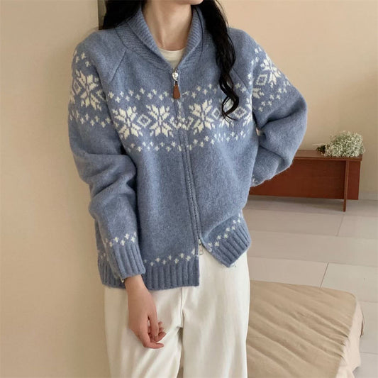 Retro Contrast Color Jacquard Weave Zip Sweater Women's Coat