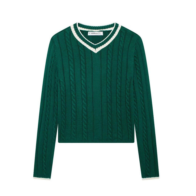Fashion Long Sleeve V-neck Cable Pattern Sweater
