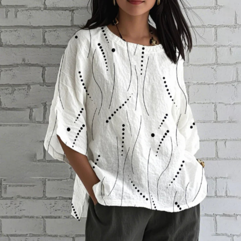 Comstylish Loose Linen Blend T-Shirt With Geometric Art Print