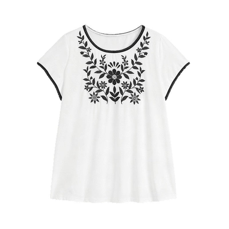 Simple Retro Elegant Casual Super Soft White Round Neck Printed T-shirt