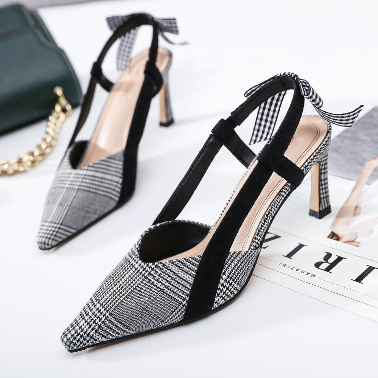 Small Pointed Toe Plaid Fashion High-heeled Sandals Bow Knot Women's Sandals All-match Almond Shoes Women