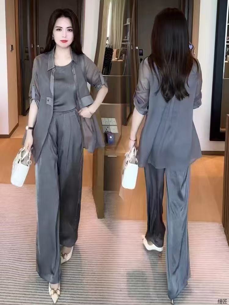 Fashion Women Sun Protection Shirt Wide Leg Pants Casual Three-piece Suit