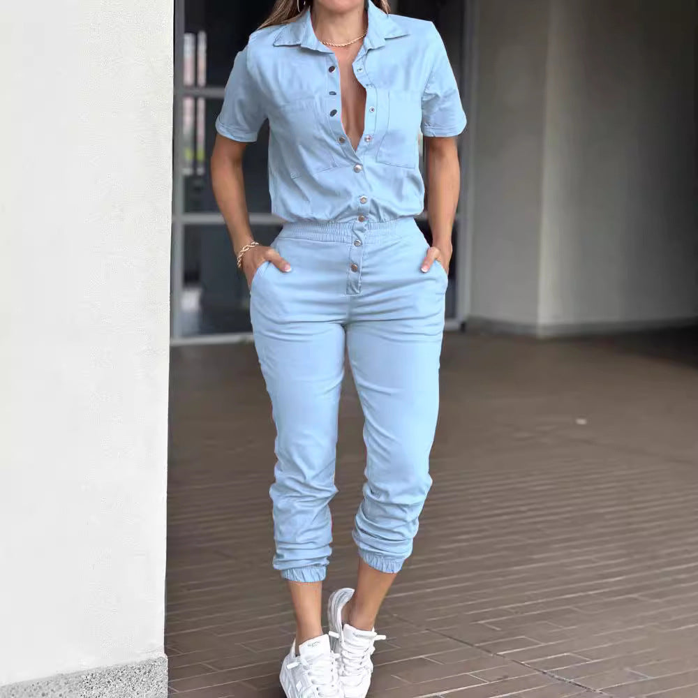 Women's Ankle-tied Lapel Pocket Waist Elastic Button Jumpsuit
