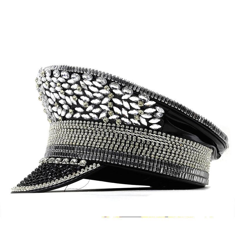 Kvinders Diamant Bryllupshat Sølv Pailletter Diamanter Fotohue Kasket med skygge Flad-top Hat Performance Hat