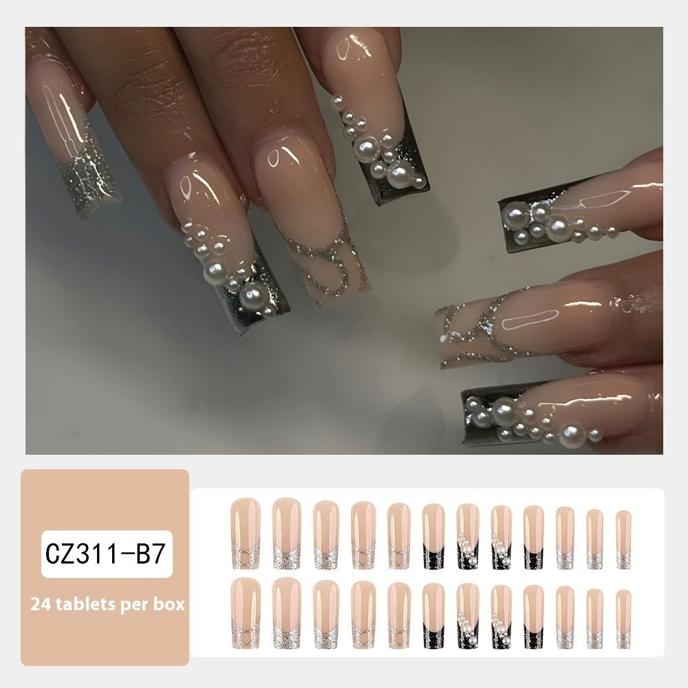 Super Long Pearl Glitter Black Silver French Manicure