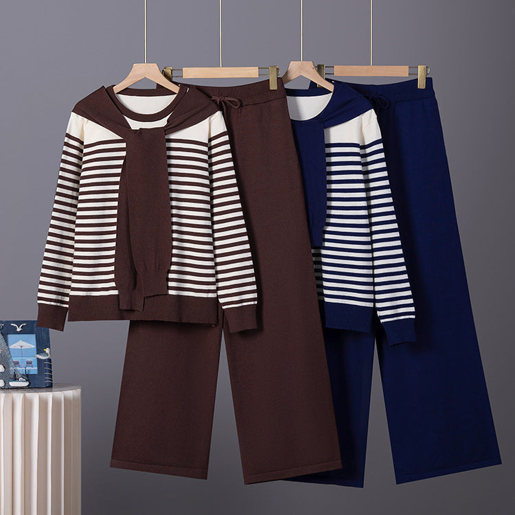 Womens Professional Knit Set Striped Sweater And Wide Leg Pants Two Piece Suit
