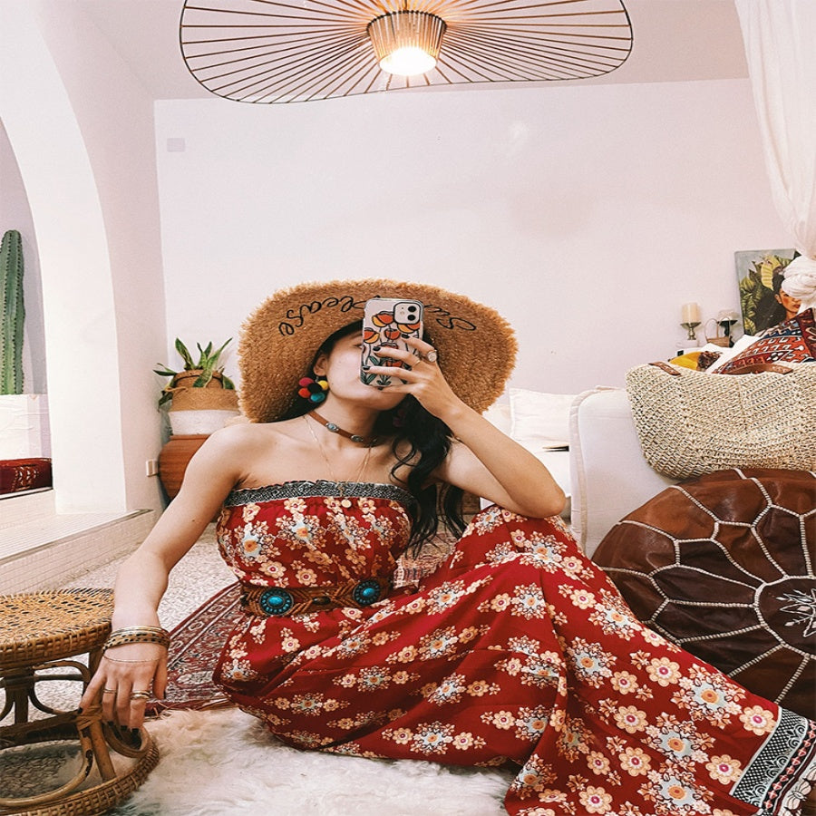 High Waist Mopping Red Jumpsuit Suit Women's Tube Top Wide Leg Pants
