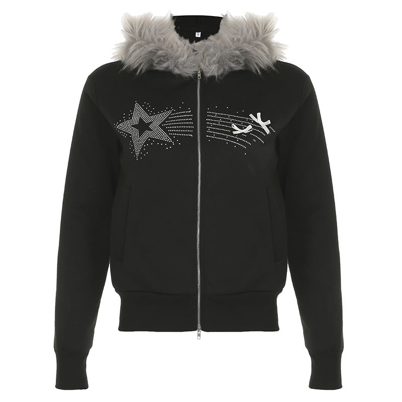 New Retro Fur Collar Stitching Zipper Sweater Cardigan