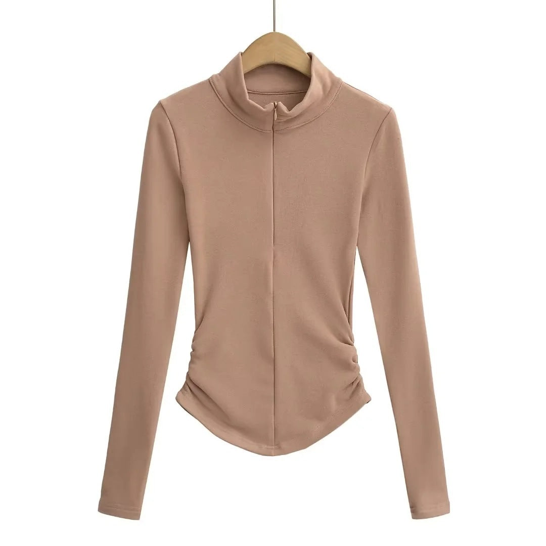 High Collar Half Zipper Stretch Slim-fit Thin Velvet Long Sleeve