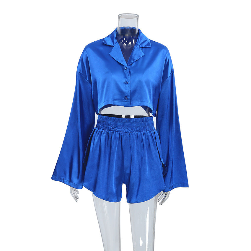 Home Wear Satin Long-Sleeve Slit Shorts Two-Piece Set Sexy Pajamas