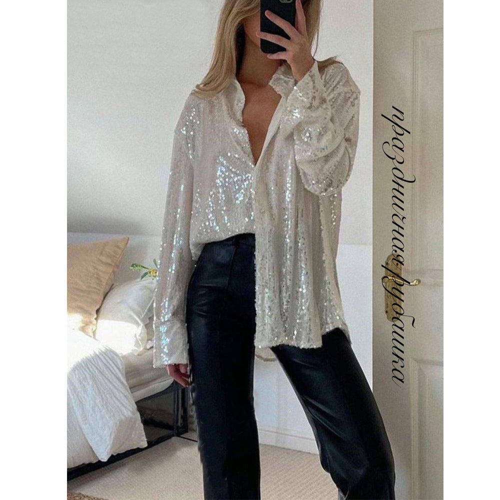 Sequin Lapel Long Sleeve Shirt