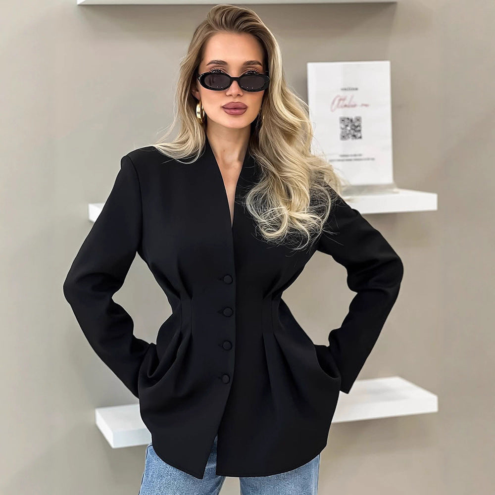 Women's Abdomen-control Black Small Suit V-neck Suit Jacket