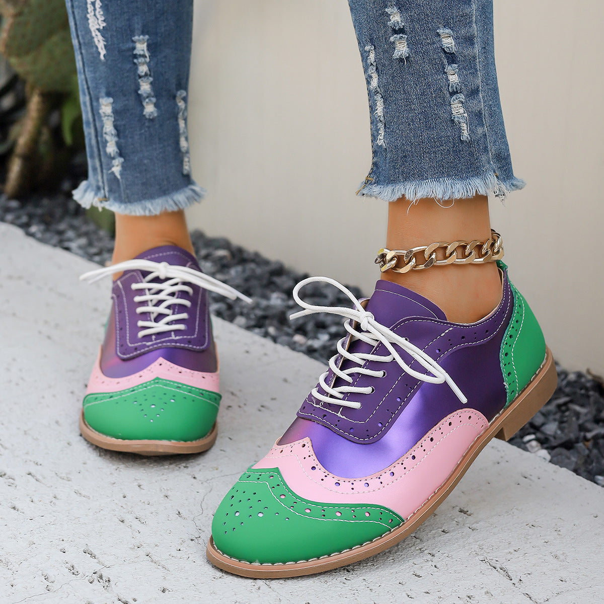 Womens Floral Brocade Pumps In Plus Sizes Color-Block Design With Lace-Up Round Toe
