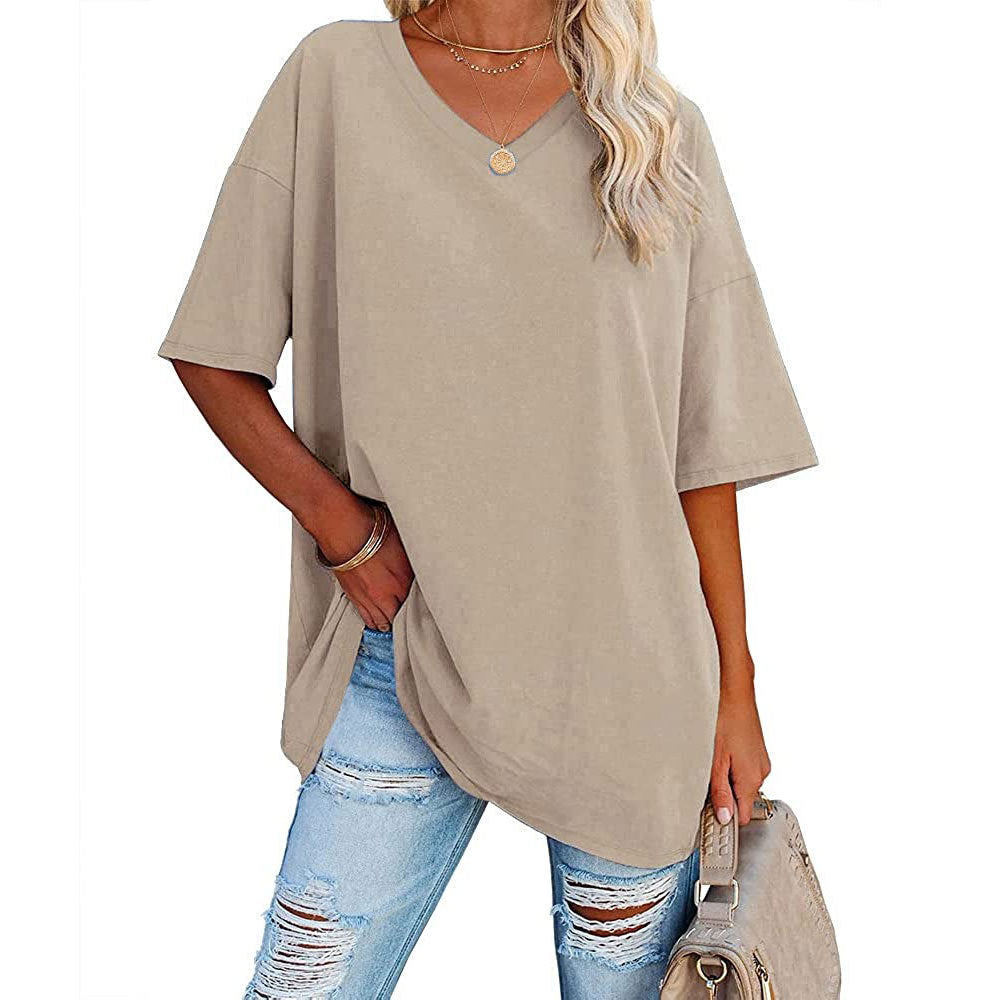 European And American Women's Loose Short-sleeved V-neck T-shirt