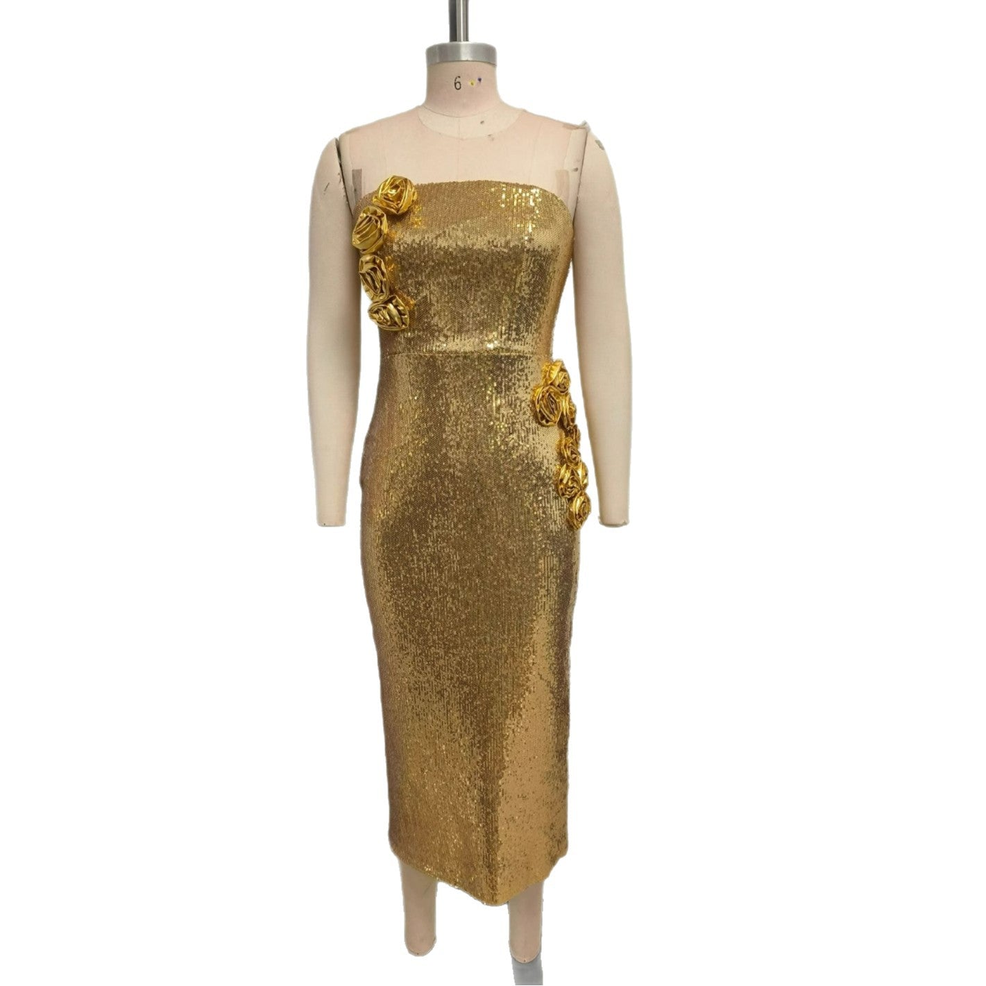 Womens Golden 3D Floral Tube Dress