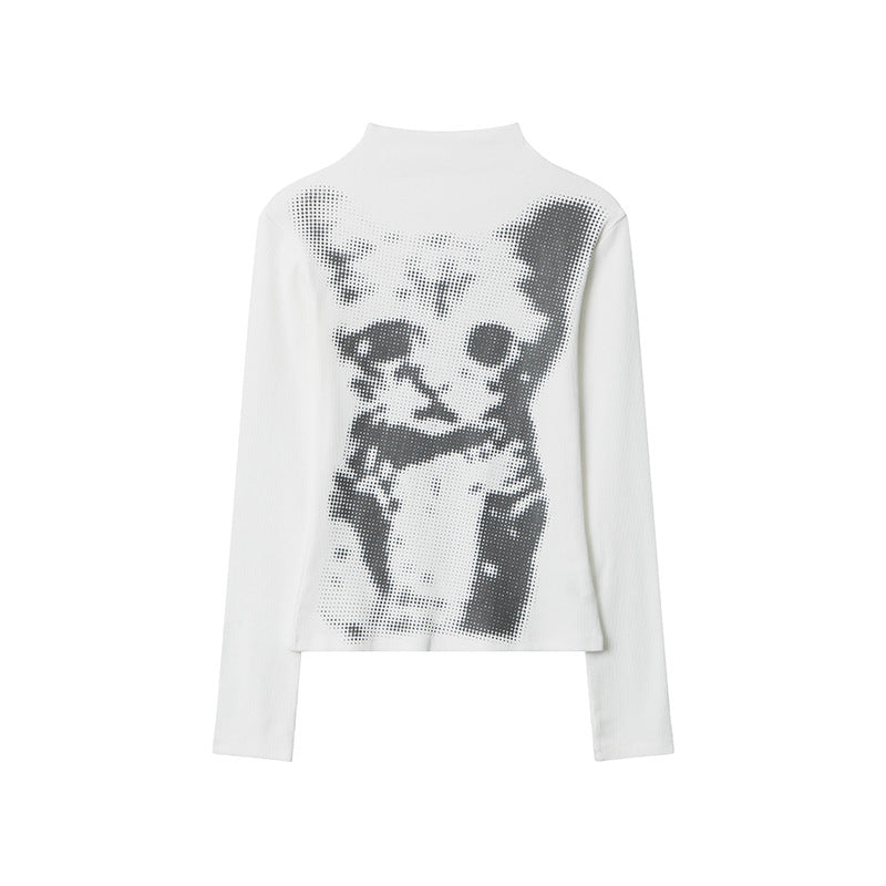 Chessboard Plaid Cat Printing Top Women's Long Sleeve