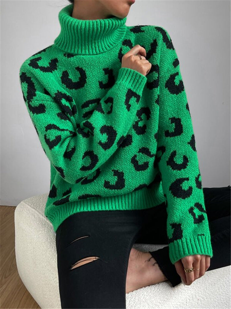 Fallwinter High-neck Pullover Knitted Leopard-print Sweater