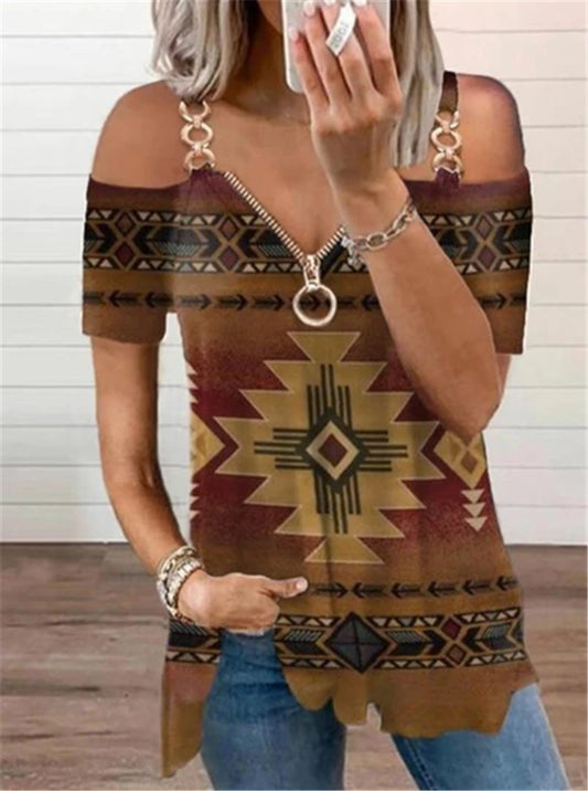 European And American Print Short-sleeved V-neck Zipper T-shirt Women
