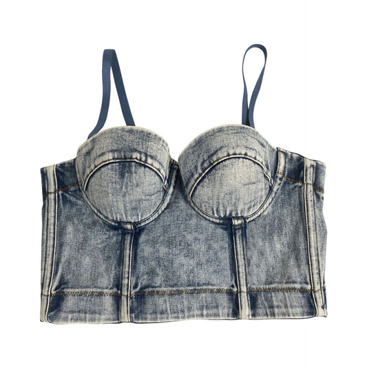 Grå Hængende Farvet Amerikansk Retro Fiskebensmønstret Denim Camisole