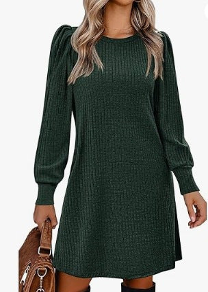 Womens Knitted Puffed-sleeve Long-sleeve Crew-neck Dress With Pockets