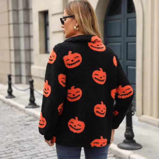 Efterår og Vinter Ny Europæisk og Amerikansk Halloween Græskarprint Halv Lynlås Plys Pullover Sweater