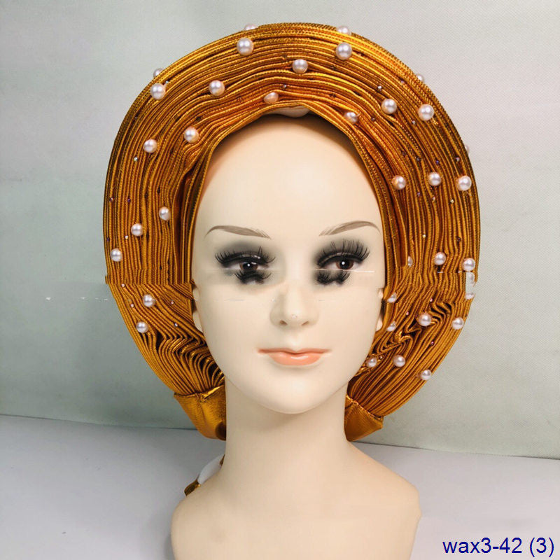 Arabian Large Pearl Women's Jacquard Pleated Braided Turban