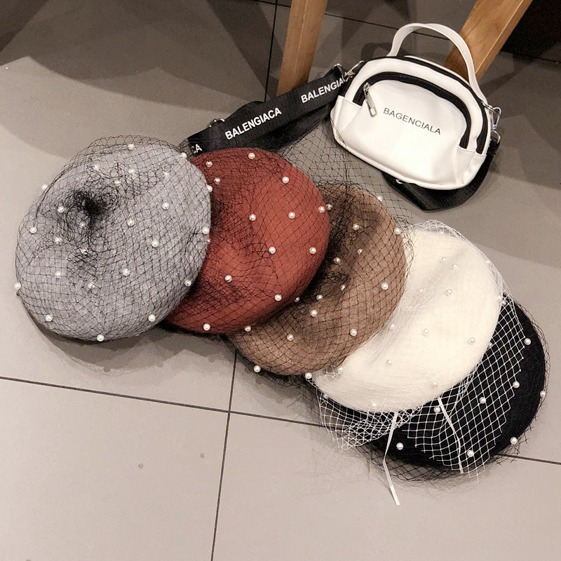 Woolen Pearl Mesh Beret Women's British Retro Hat