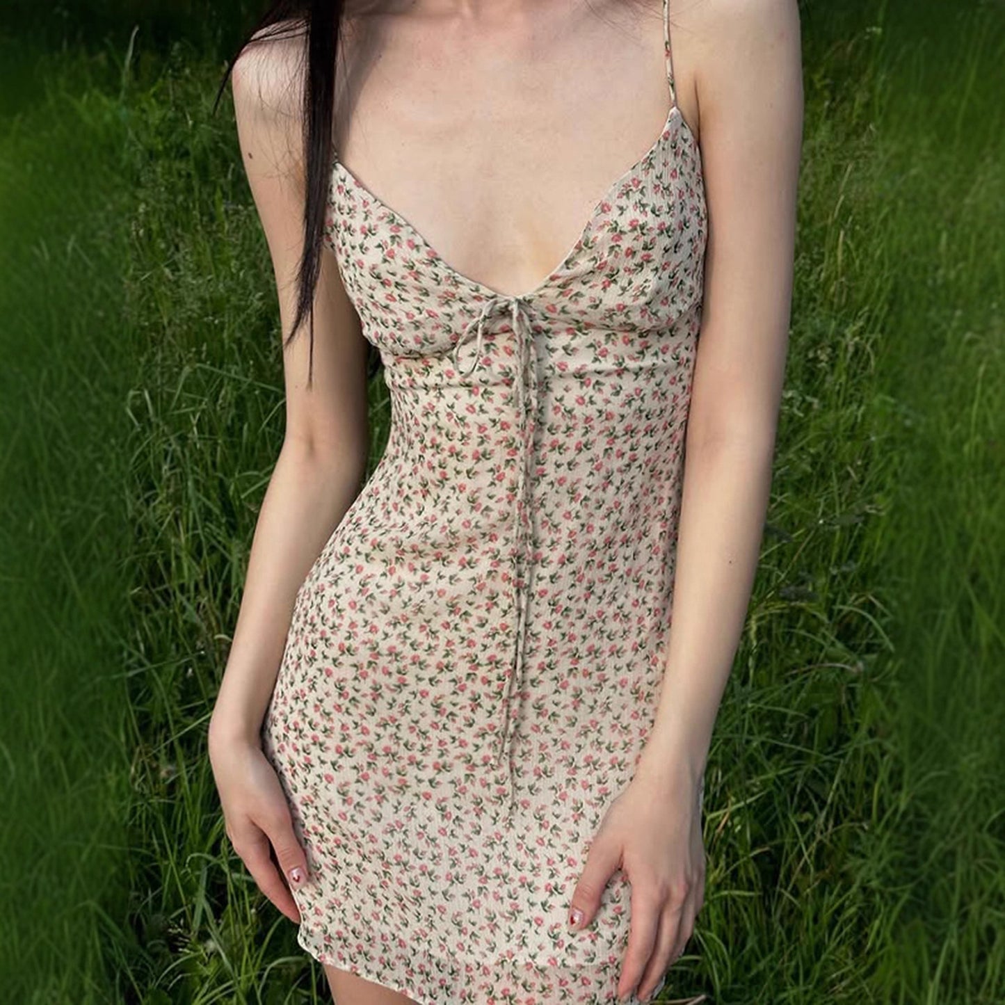 Lightweight Mesh Backless Lace-up Floral V-neck Slip Dress