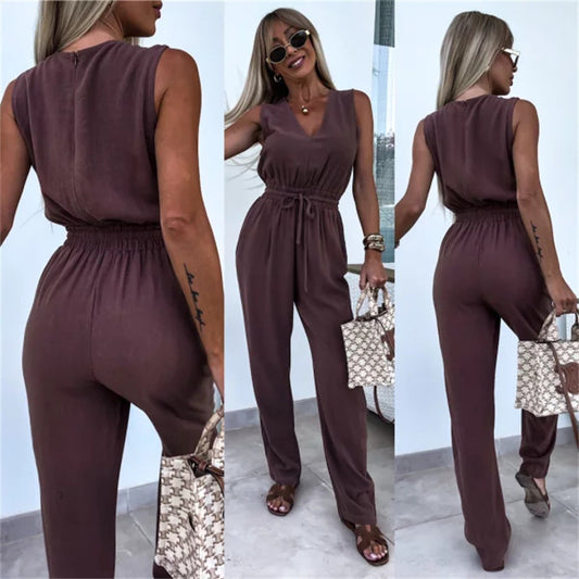 Womens Casua Elegant Solid-Color High-Waisted Sleeveless Jumpsuit