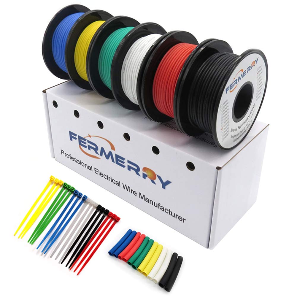 Fermerry 18 AWG tvinnad tråd silikon förtent koppartrådspole 10 fot vardera 6 färger flexibel 18 gauge anslutningskabelsats (6 färger 10 fot vardera, 18 AWG 0,75 mm²)