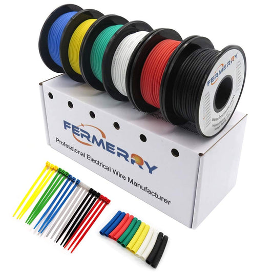 Fermerry 18 AWG tvinnad tråd silikon förtent koppartrådspole 10 fot vardera 6 färger flexibel 18 gauge anslutningskabelsats (6 färger 10 fot vardera, 18 AWG 0,75 mm²)