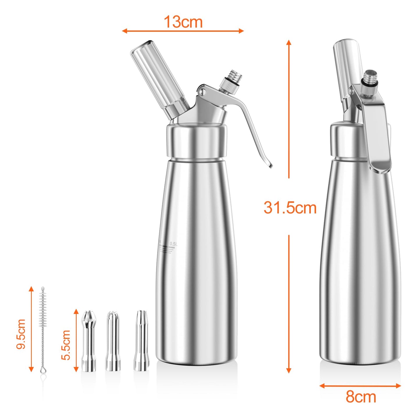 Newaner 500 ml grädddispenser/gräddsifon av aluminium med 3 dekorationsmunstycken av rostfritt stål och 1 rengöringsborste, läckagesäker, för beredning av vispgrädde, kräm, mousse och desserter