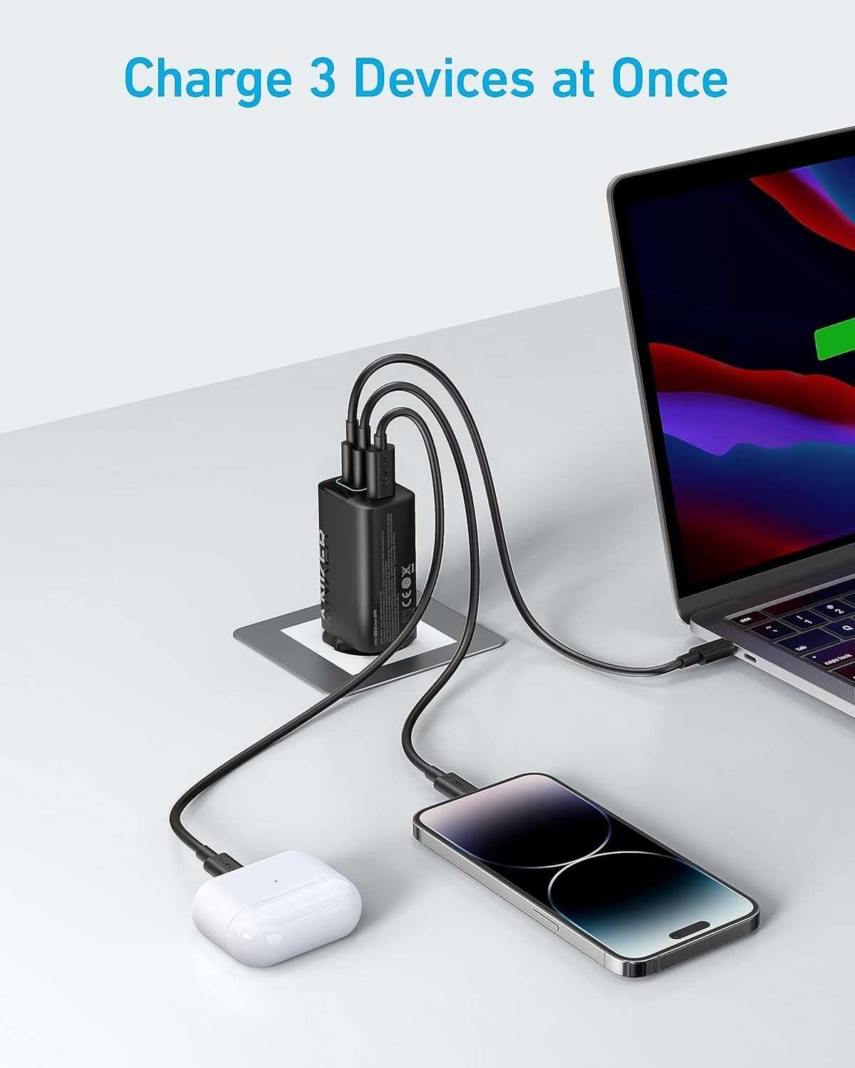 Anker 335 67 W laddare, högpresterande strömförsörjning med PIQ 3.0, 3-port snabbladdare, PD-laddare för iPhone 16/15/14/13/12, MacBook Pro, iPad, Galaxy, Pixel med mera