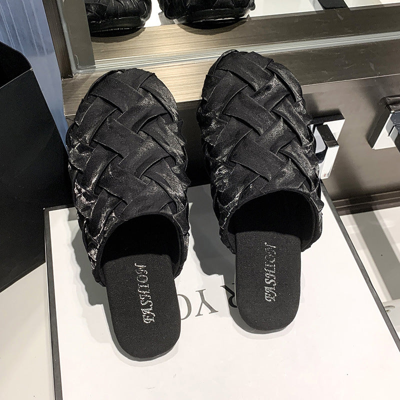 Satin Cloth Covered Head Lazy Half Slippers Flat Heel