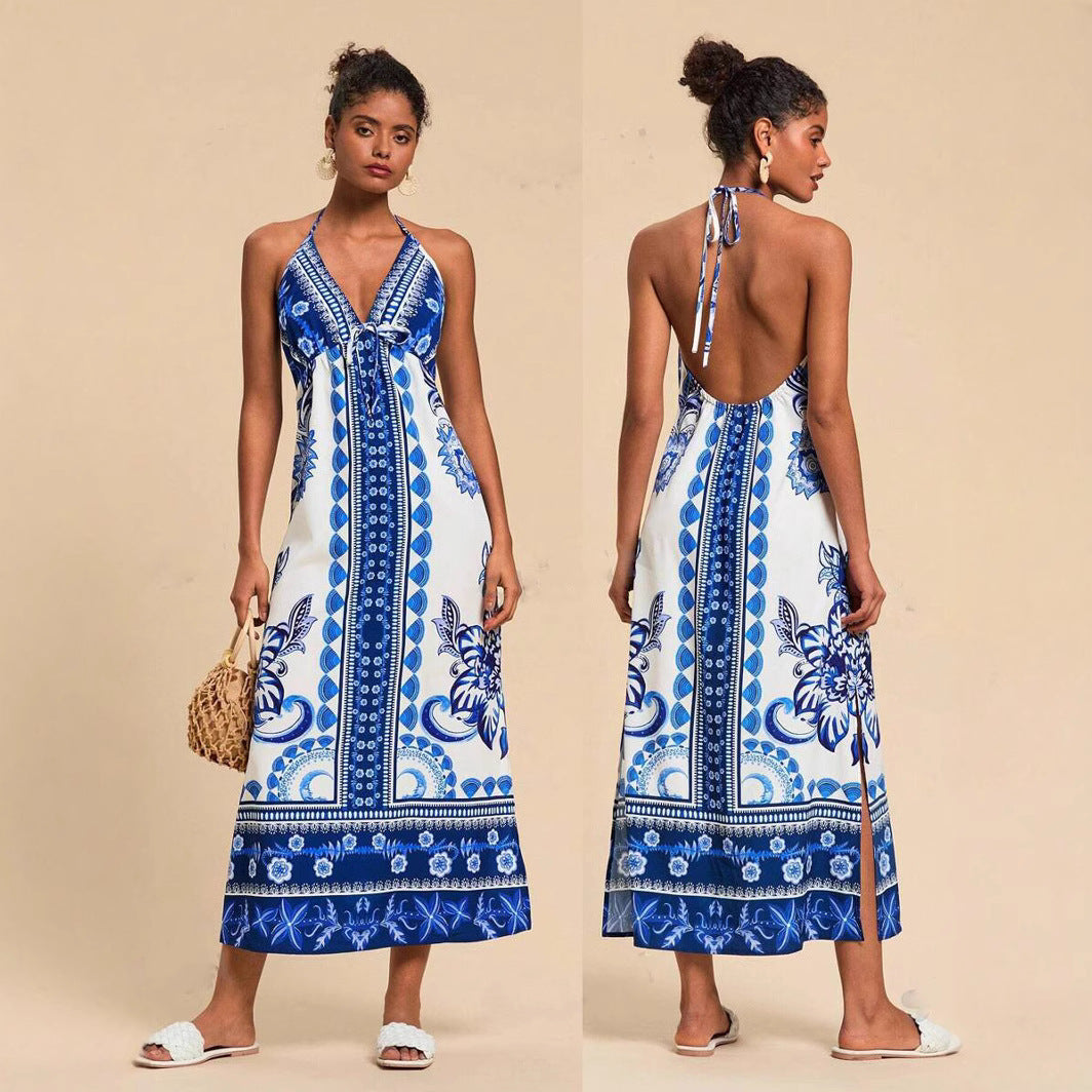 Womens Woven Printed Backless Halter Maxi Dress For Vacation